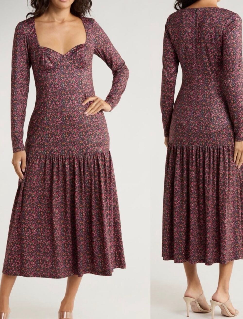MEDIUM HUTCH Chase Long Sleeve Midi Tiered Dress In Pink